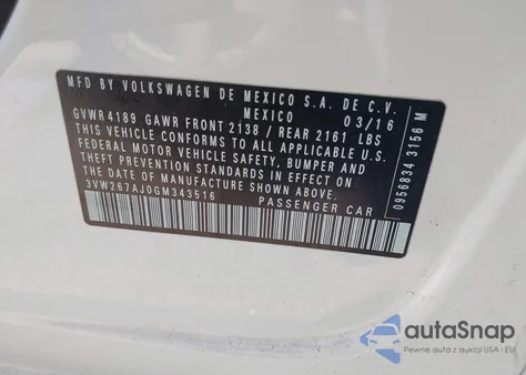 2016 Volkswagen Jetta 1.4T S z USA, uszkodzony, nr VIN 3VW267AJ0GM343516